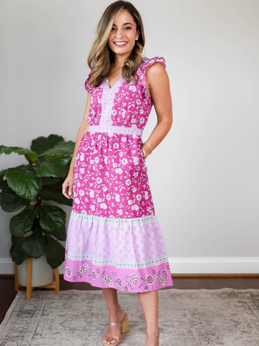 LOFT Border Ruffle Midi Pocket Dress Pink Floral V Neck Size 6